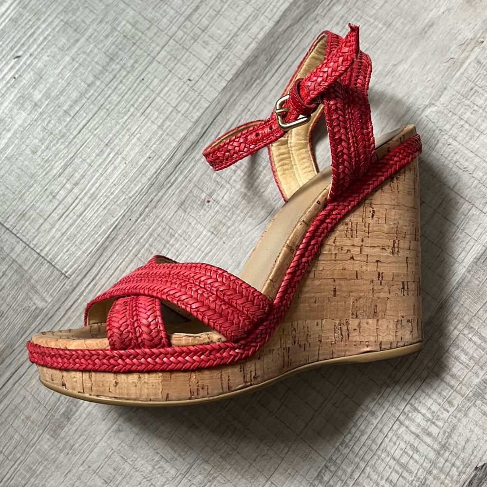 STUART WEITZMAN Minx Espadrille Cork Raffia Red Wedge Sandals 6.5 - Picture 9 of 15